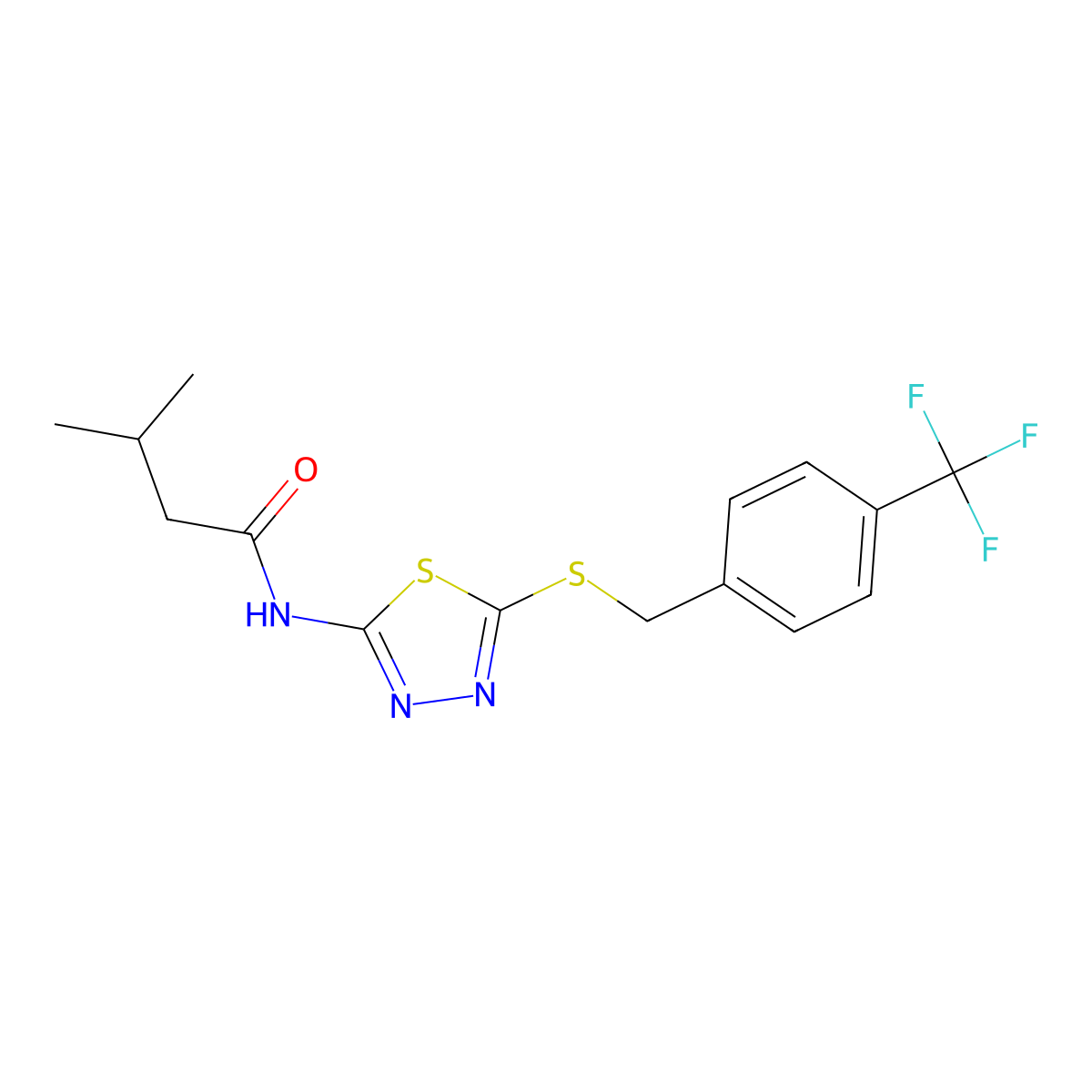 3-methyl-N-(5-((4-(trifluoromethyl)benzyl)thio)-1,3,4-thiadiazol-2-yl)butanamide molecular structure, CAS 392301-17-6
