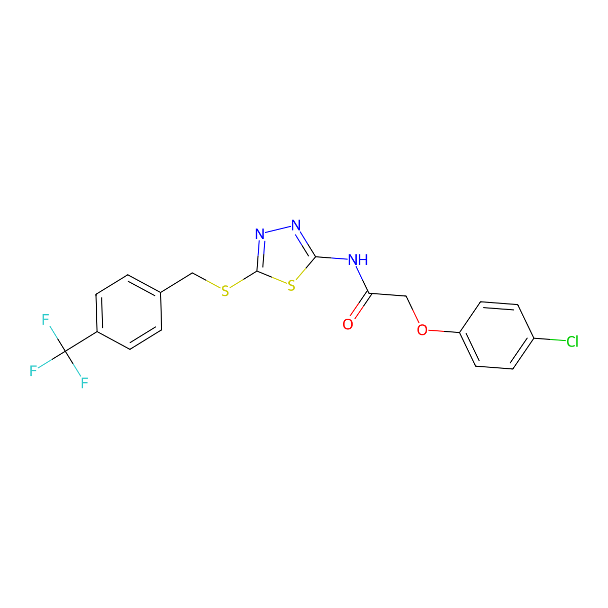 2-(4-chlorophenoxy)-N-(5-((4-(trifluoromethyl)benzyl)thio)-1,3,4-thiadiazol-2-yl)acetamide molecular structure, CAS 392301-19-8