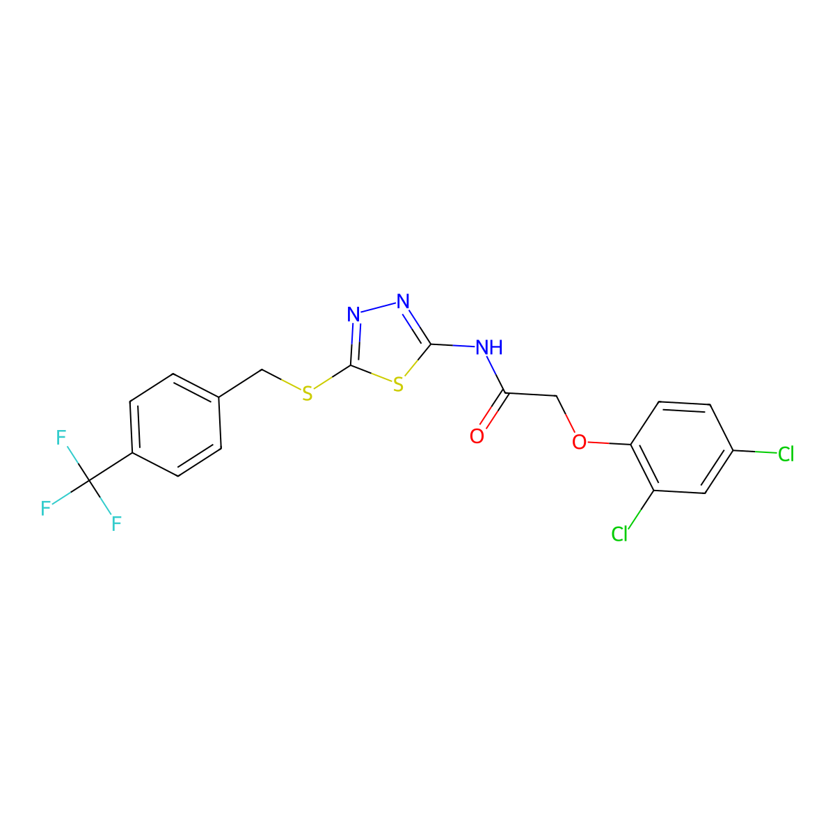 2-(2,4-dichlorophenoxy)-N-(5-((4-(trifluoromethyl)benzyl)thio)-1,3,4-thiadiazol-2-yl)acetamide molecular structure, CAS 392301-20-1