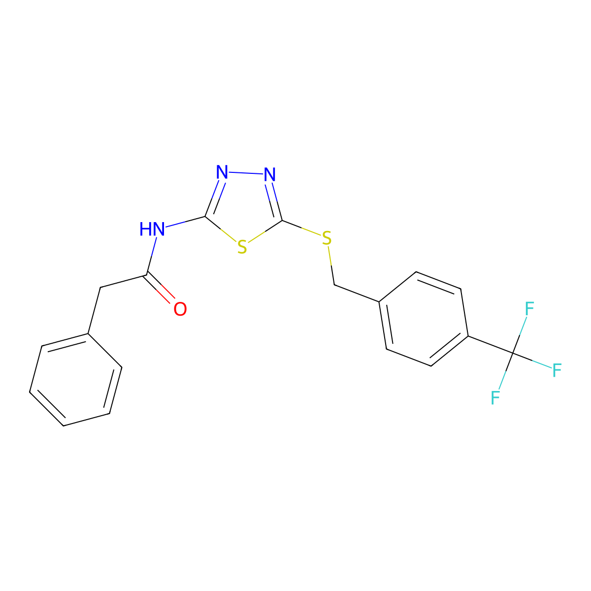 2-phenyl-N-(5-((4-(trifluoromethyl)benzyl)thio)-1,3,4-thiadiazol-2-yl)acetamide molecular structure, CAS 392301-21-2