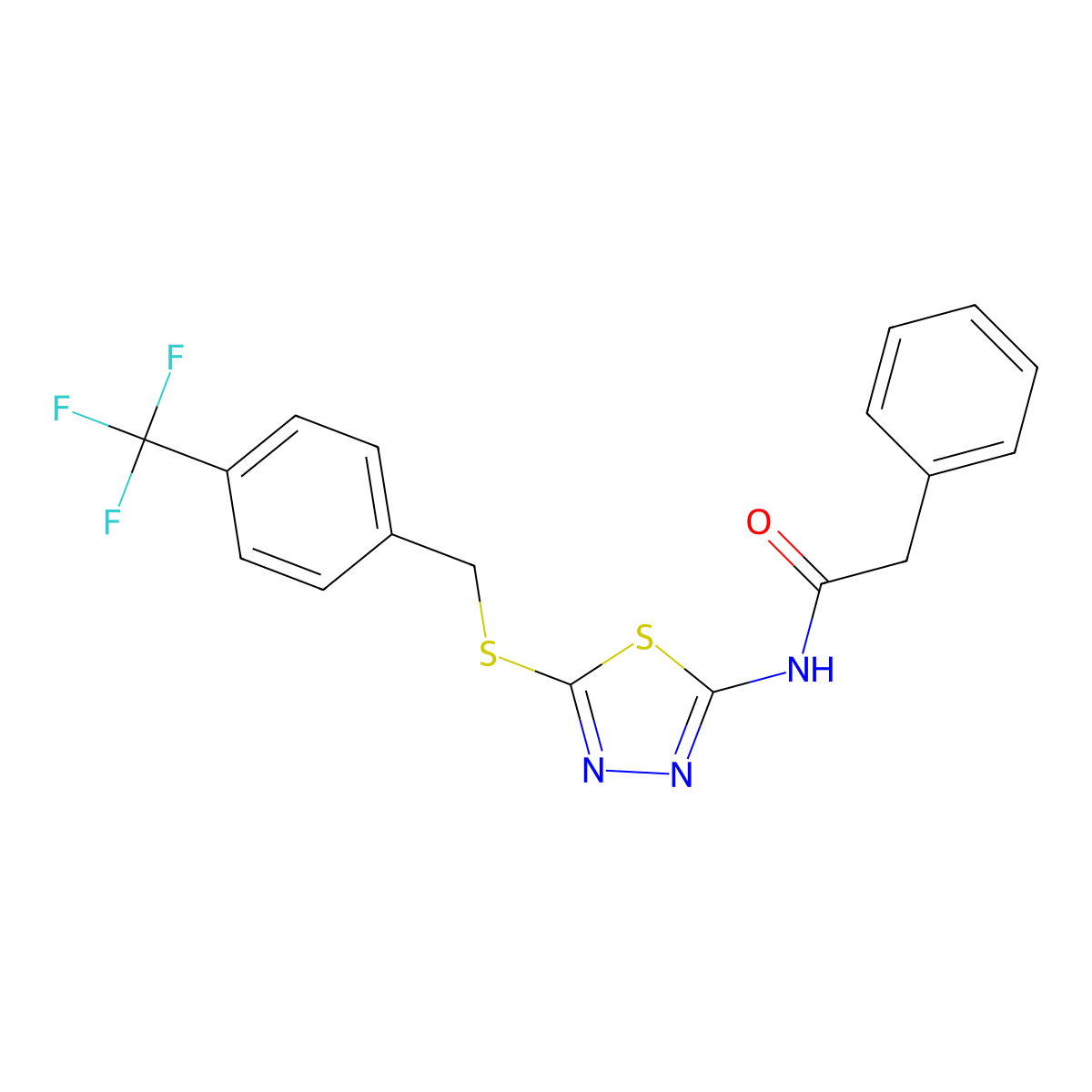 2-phenyl-N-(5-((4-(trifluoromethyl)benzyl)thio)-1,3,4-thiadiazol-2-yl)acetamide molecular structure, CAS 392301-21-2