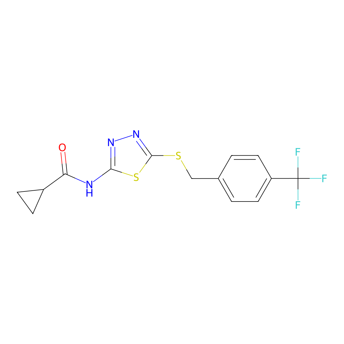 N-(5-((4-(trifluoromethyl)benzyl)thio)-1,3,4-thiadiazol-2-yl)cyclopropanecarboxamide molecular structure, CAS 392301-24-5