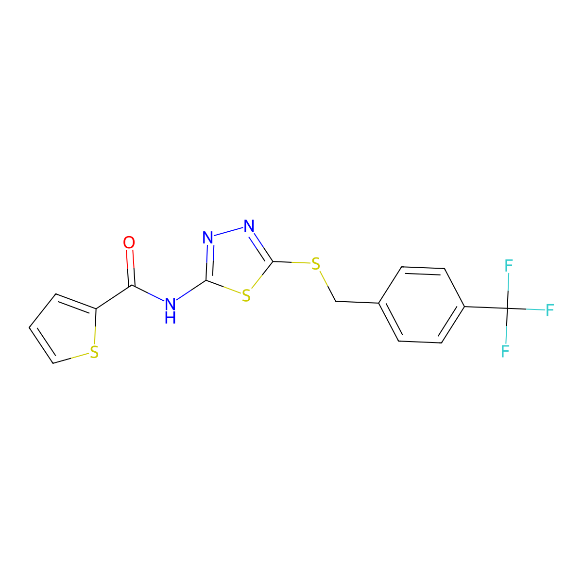 N-(5-((4-(trifluoromethyl)benzyl)thio)-1,3,4-thiadiazol-2-yl)thiophene-2-carboxamide molecular structure, CAS 392301-27-8