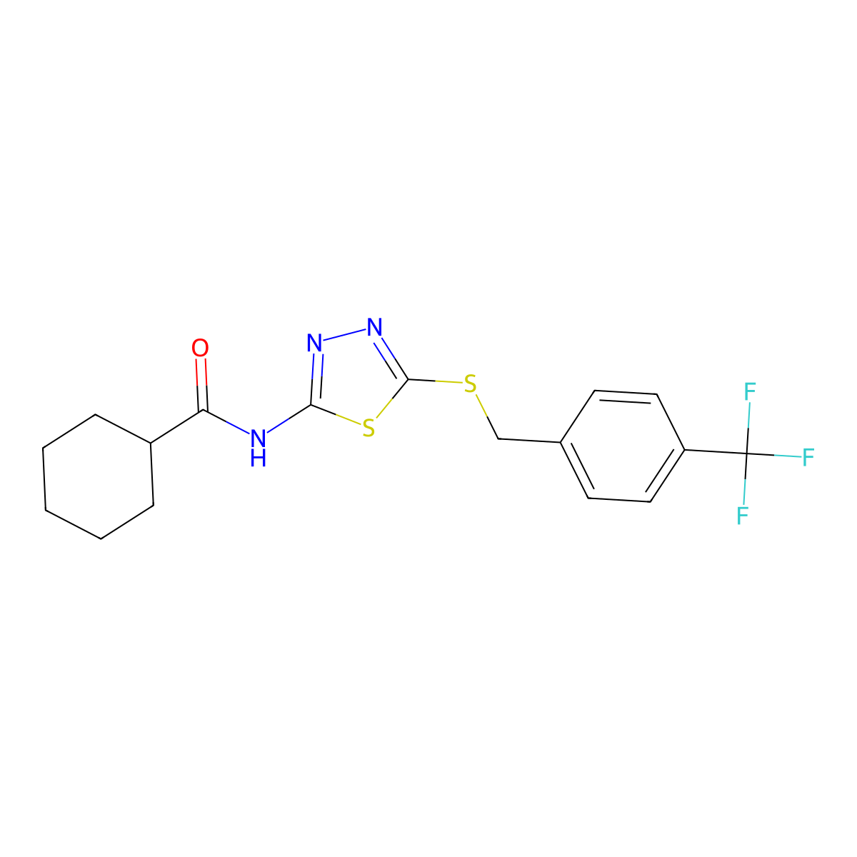 N-(5-((4-(trifluoromethyl)benzyl)thio)-1,3,4-thiadiazol-2-yl)cyclohexanecarboxamide molecular structure, CAS 392301-28-9