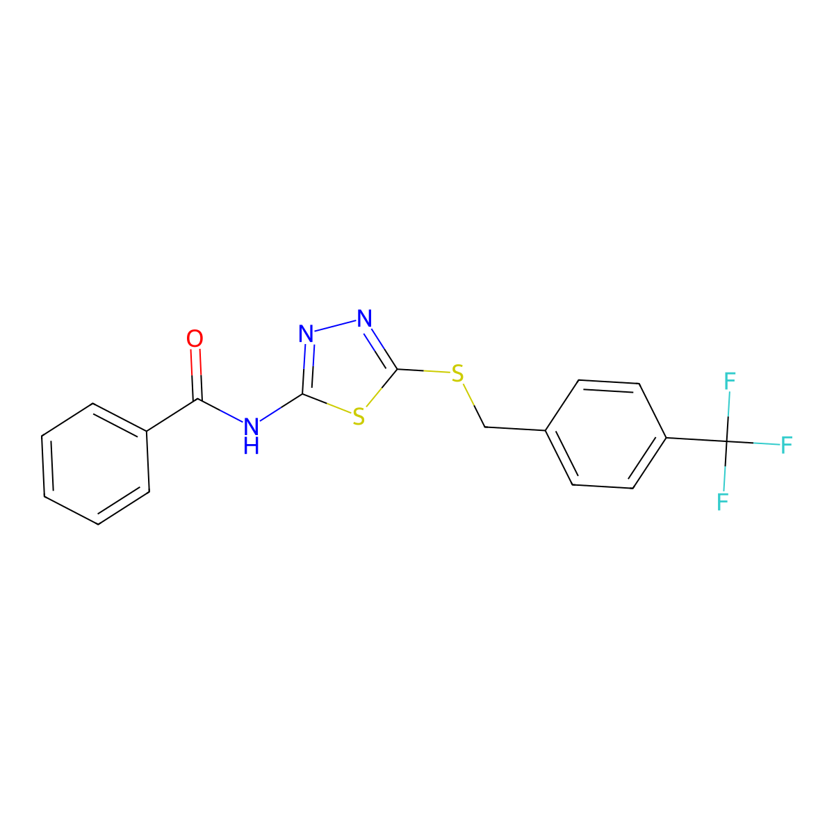 N-(5-((4-(trifluoromethyl)benzyl)thio)-1,3,4-thiadiazol-2-yl)benzamide molecular structure, CAS 392301-29-0