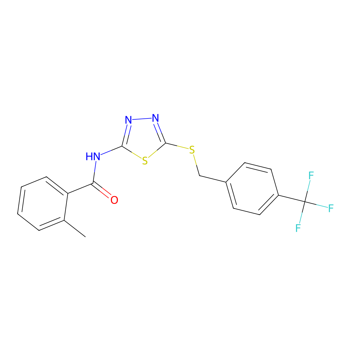 2-methyl-N-(5-((4-(trifluoromethyl)benzyl)thio)-1,3,4-thiadiazol-2-yl)benzamide molecular structure, CAS 392301-30-3