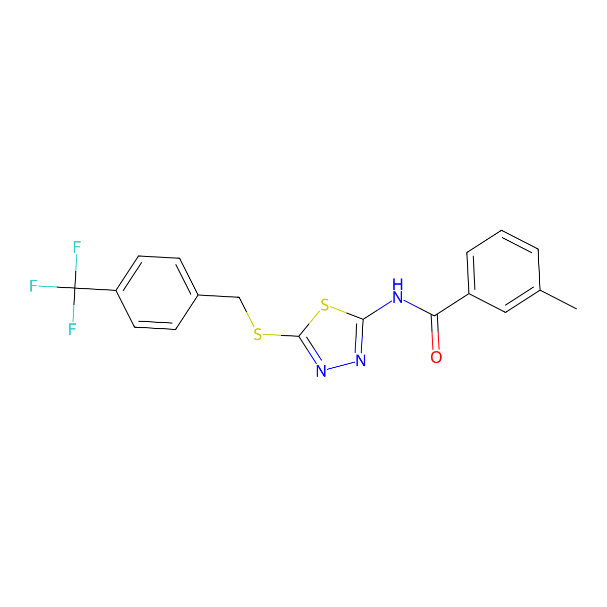 3-methyl-N-(5-((4-(trifluoromethyl)benzyl)thio)-1,3,4-thiadiazol-2-yl)benzamide molecular structure, CAS 392301-31-4