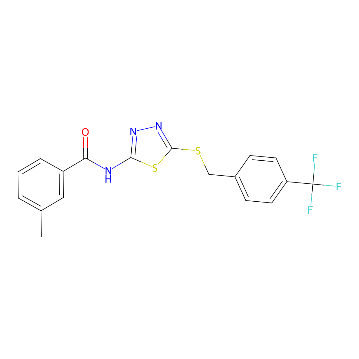3-methyl-N-(5-((4-(trifluoromethyl)benzyl)thio)-1,3,4-thiadiazol-2-yl)benzamide molecular structure, CAS 392301-31-4