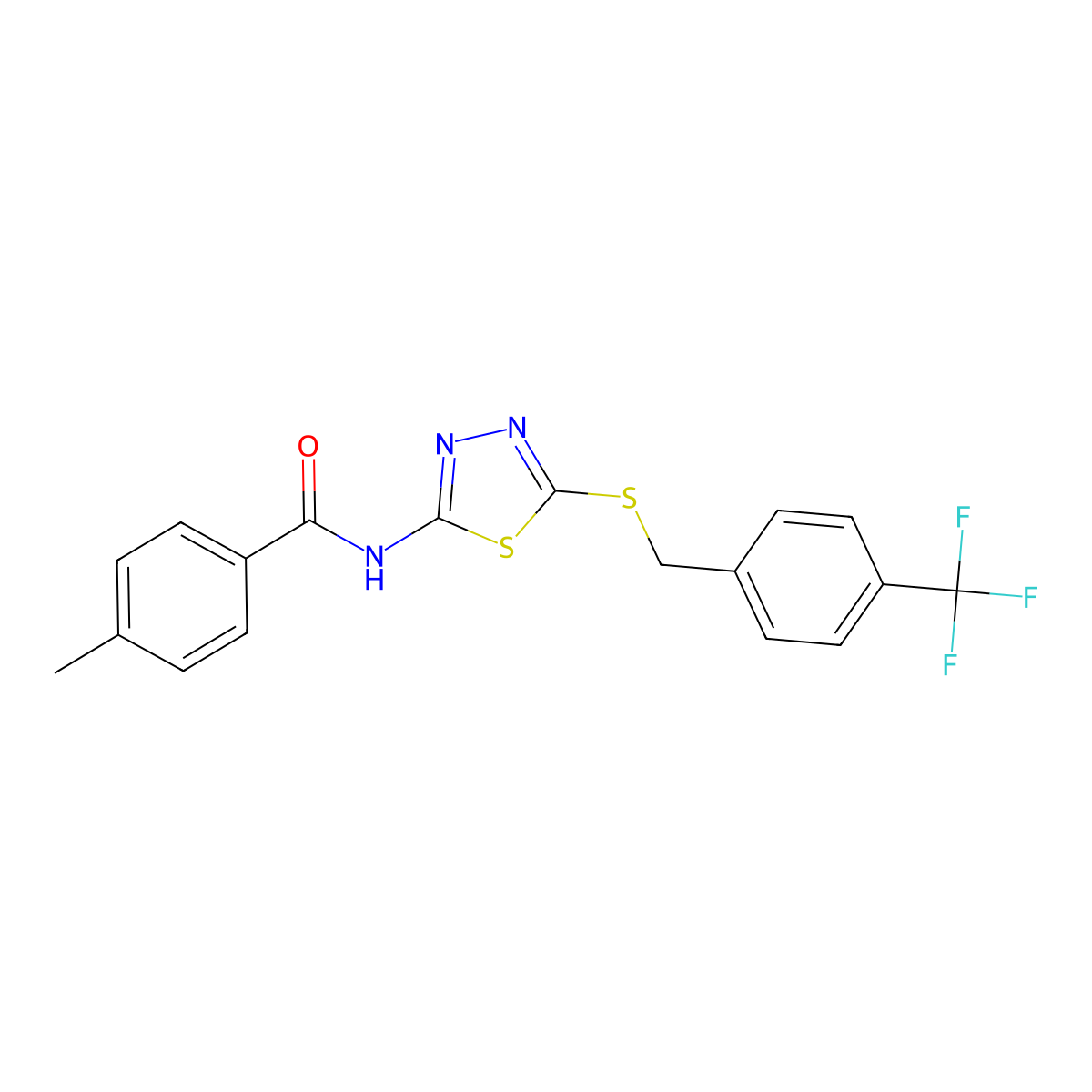 4-methyl-N-(5-((4-(trifluoromethyl)benzyl)thio)-1,3,4-thiadiazol-2-yl)benzamide molecular structure, CAS 392301-32-5