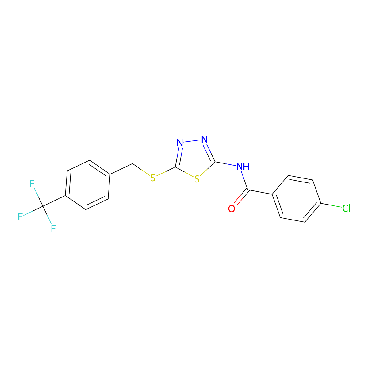 4-chloro-N-(5-((4-(trifluoromethyl)benzyl)thio)-1,3,4-thiadiazol-2-yl)benzamide molecular structure, CAS 392301-33-6