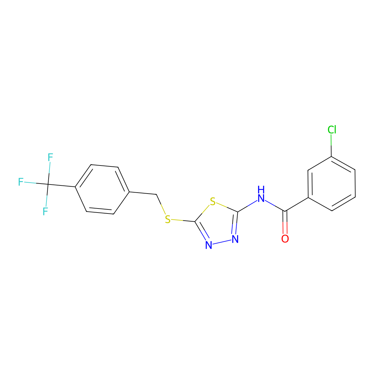 3-chloro-N-(5-((4-(trifluoromethyl)benzyl)thio)-1,3,4-thiadiazol-2-yl)benzamide molecular structure, CAS 392301-34-7