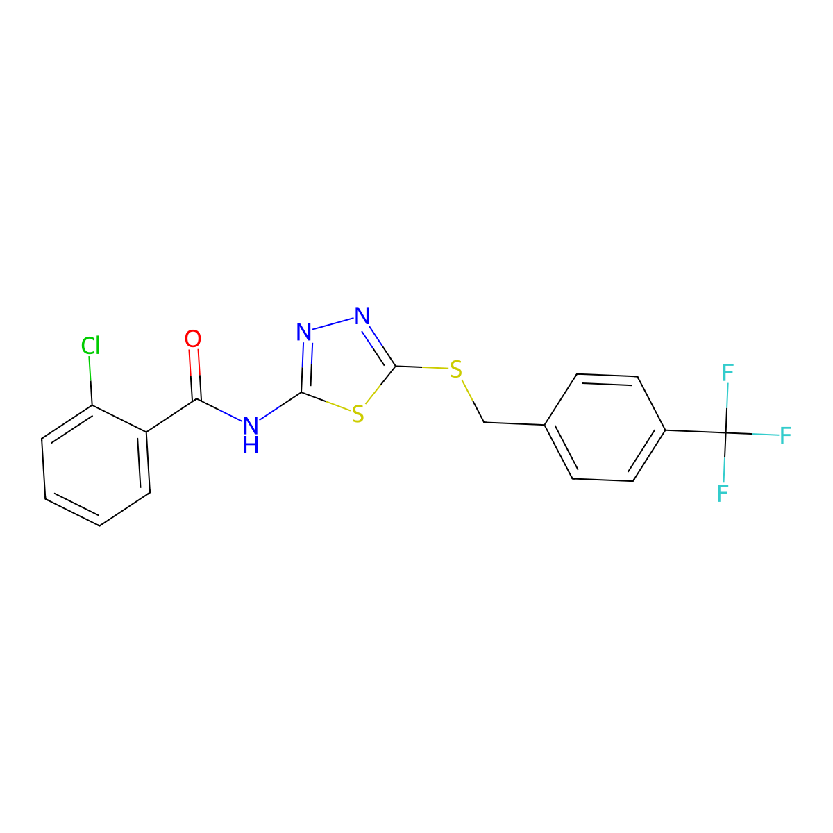 2-chloro-N-[5-[[4-(trifluoromethyl)phenyl]methylsulfanyl]-1,3,4-thiadiazol-2-yl]benzamide molecular structure, CAS 392301-35-8