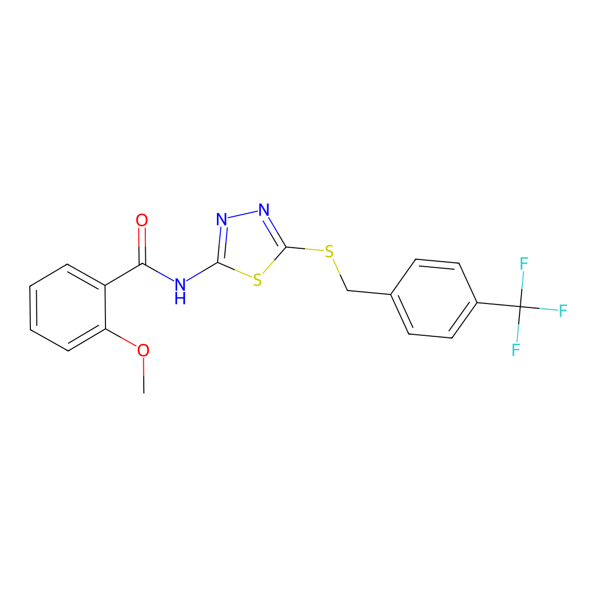 2-methoxy-N-[5-[[4-(trifluoromethyl)phenyl]methylsulfanyl]-1,3,4-thiadiazol-2-yl]benzamide molecular structure, CAS 392301-36-9