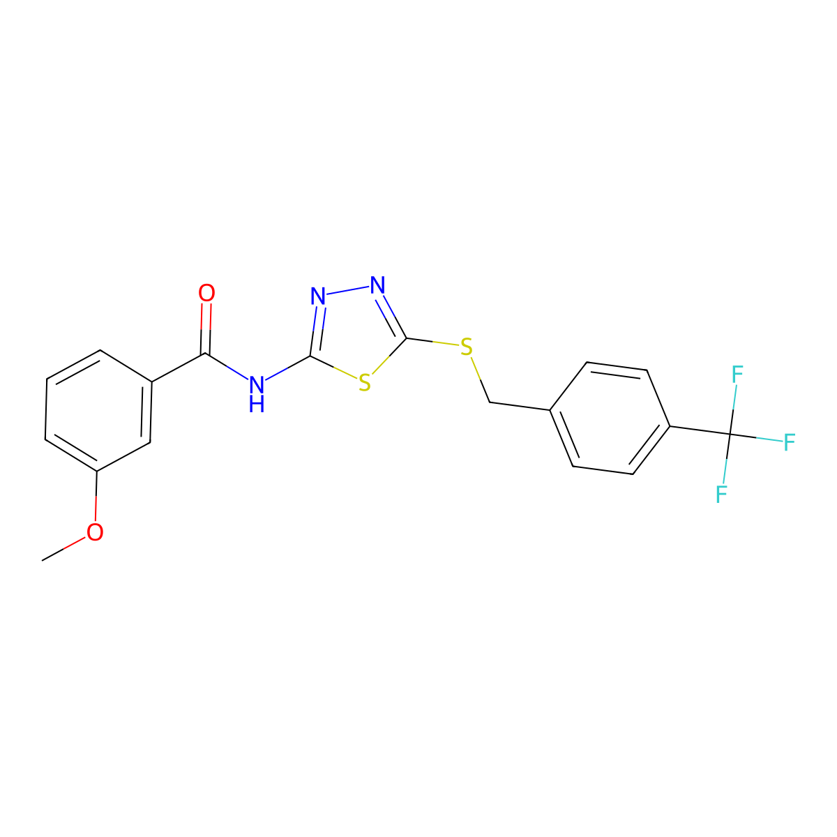 3-methoxy-N-(5-((4-(trifluoromethyl)benzyl)thio)-1,3,4-thiadiazol-2-yl)benzamide molecular structure, CAS 392301-37-0