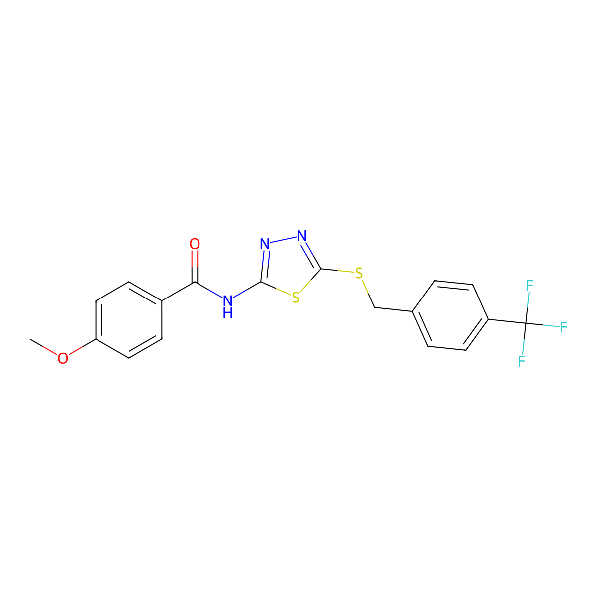 4-methoxy-N-(5-((4-(trifluoromethyl)benzyl)thio)-1,3,4-thiadiazol-2-yl)benzamide molecular structure, CAS 392301-38-1