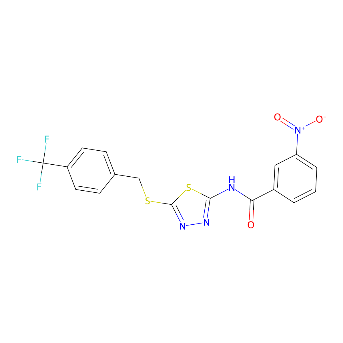 3-nitro-N-[5-[[4-(trifluoromethyl)phenyl]methylsulfanyl]-1,3,4-thiadiazol-2-yl]benzamide molecular structure, CAS 392301-40-5