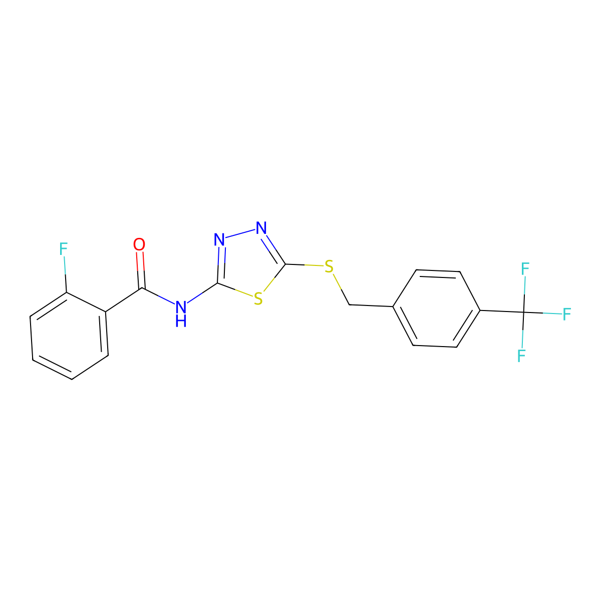 2-fluoro-N-[5-[[4-(trifluoromethyl)phenyl]methylsulfanyl]-1,3,4-thiadiazol-2-yl]benzamide molecular structure, CAS 392301-42-7
