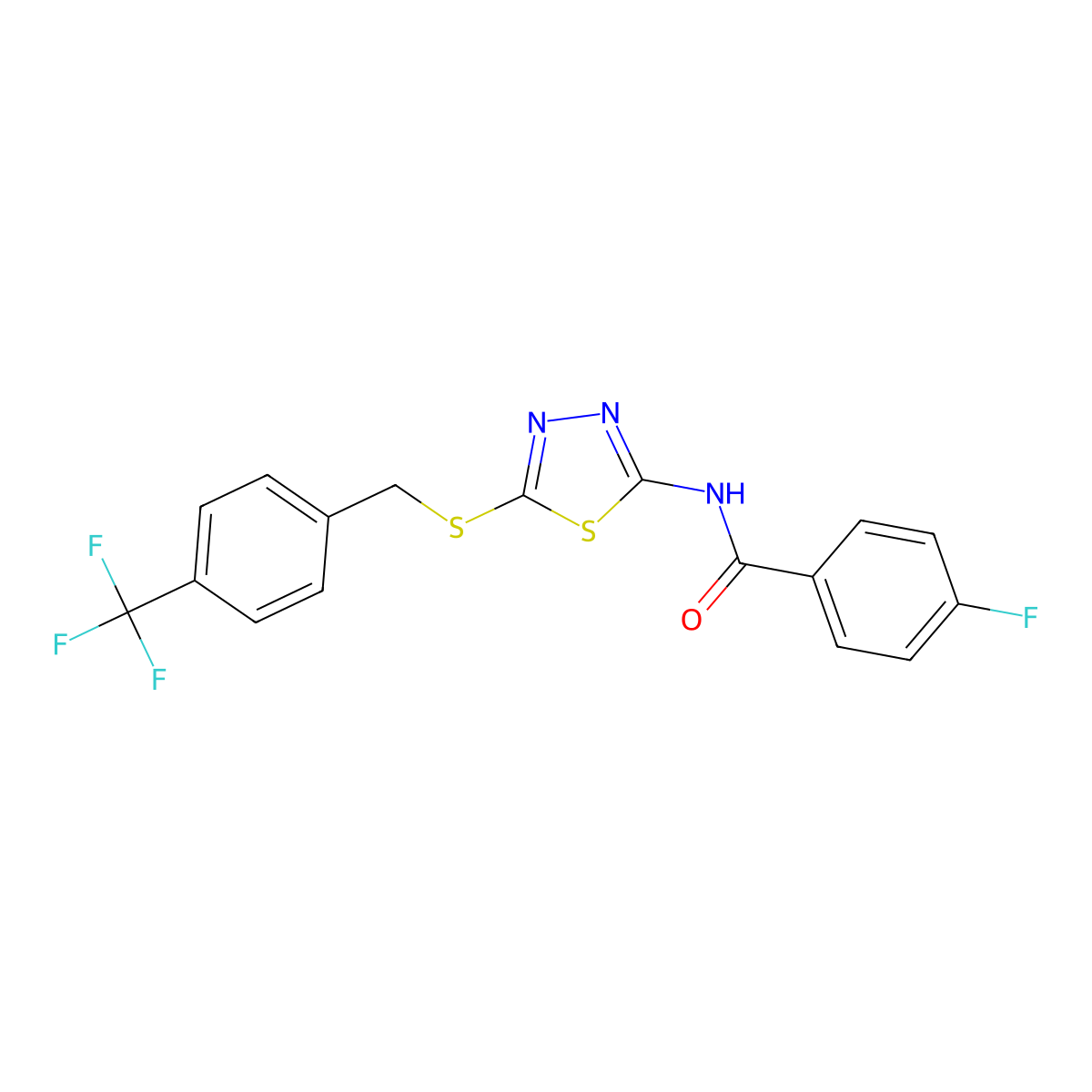 4-fluoro-N-(5-((4-(trifluoromethyl)benzyl)thio)-1,3,4-thiadiazol-2-yl)benzamide molecular structure, CAS 392301-44-9