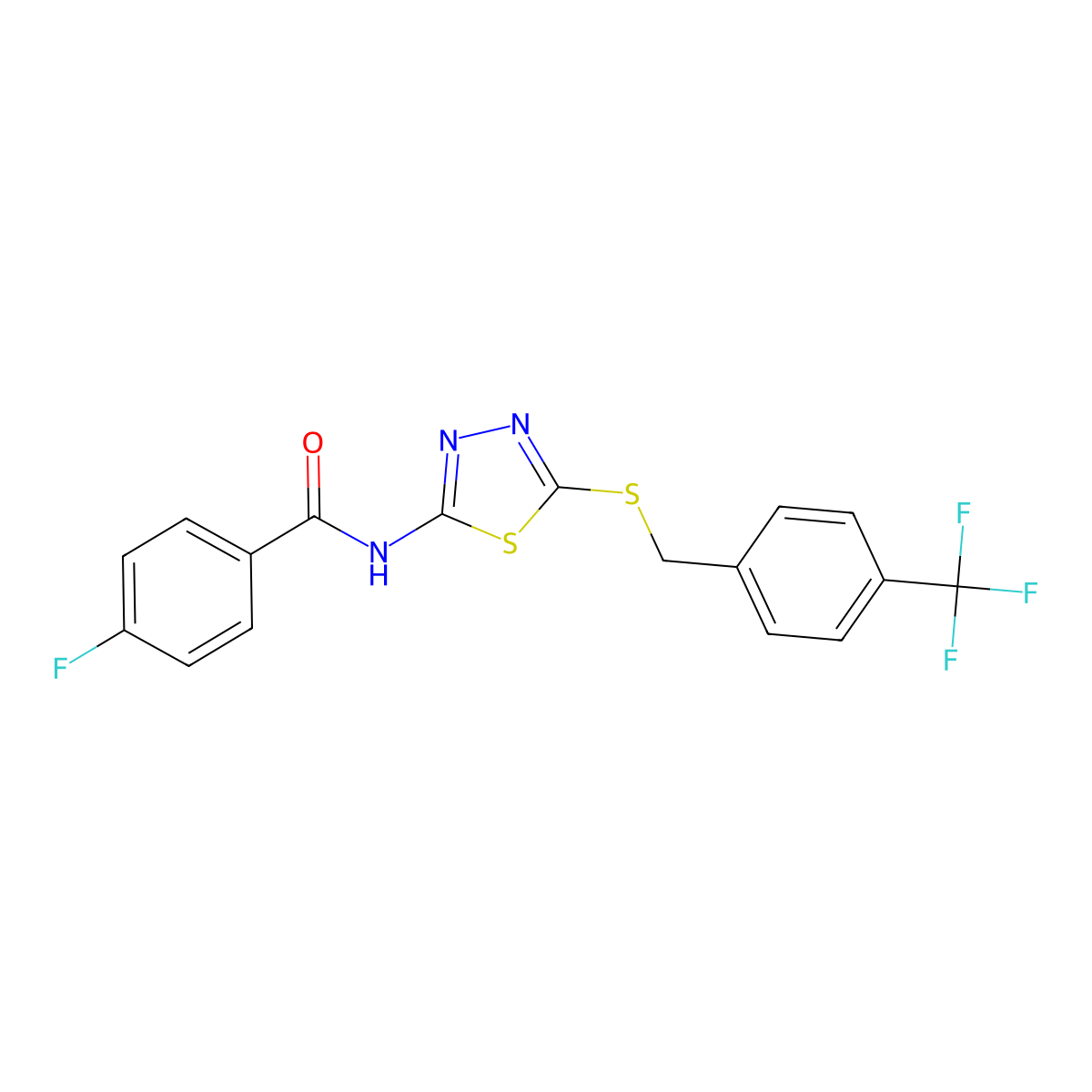 4-fluoro-N-(5-((4-(trifluoromethyl)benzyl)thio)-1,3,4-thiadiazol-2-yl)benzamide molecular structure, CAS 392301-44-9