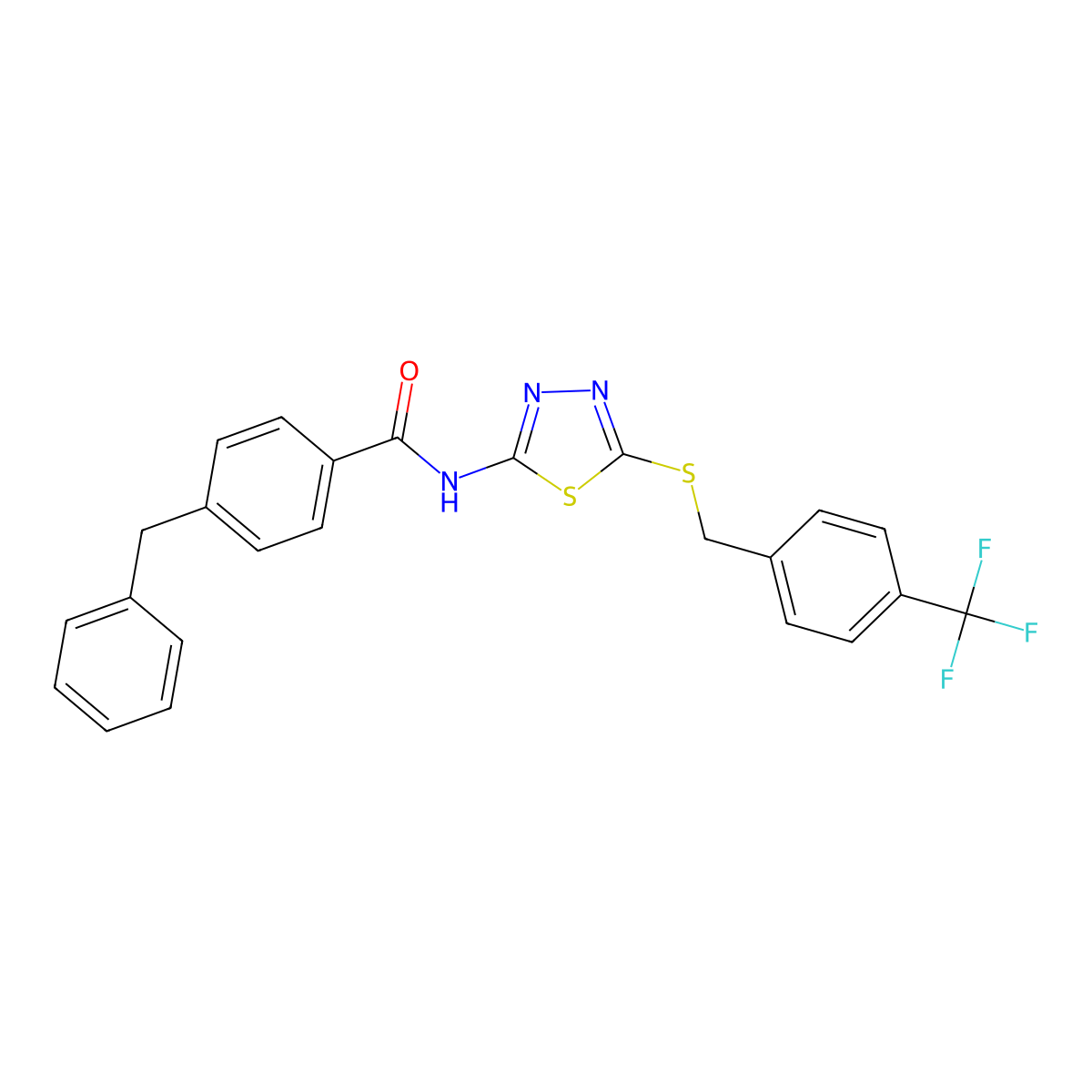 4-benzyl-N-(5-((4-(trifluoromethyl)benzyl)thio)-1,3,4-thiadiazol-2-yl)benzamide molecular structure, CAS 392301-47-2