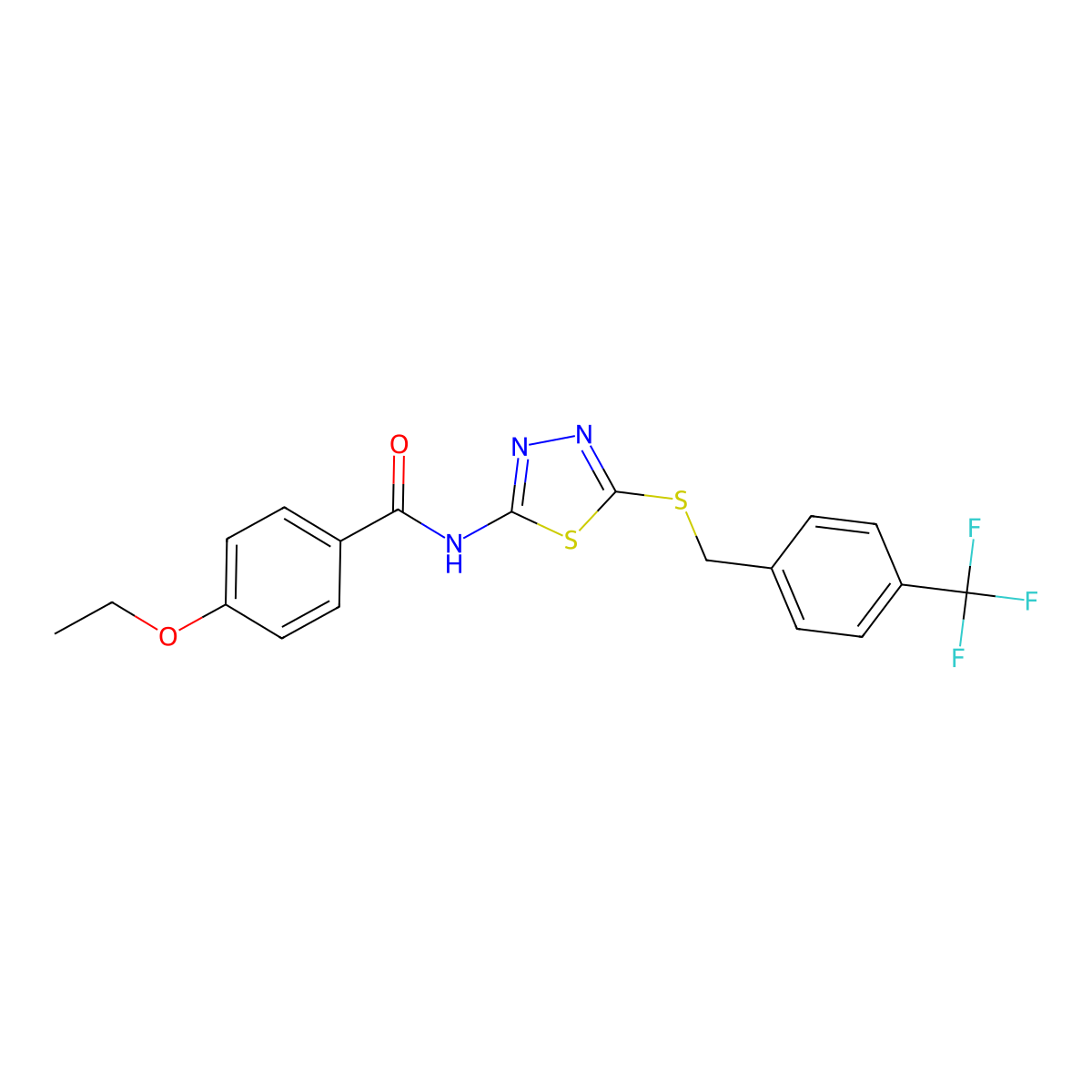 4-ethoxy-N-(5-((4-(trifluoromethyl)benzyl)thio)-1,3,4-thiadiazol-2-yl)benzamide molecular structure, CAS 392301-48-3