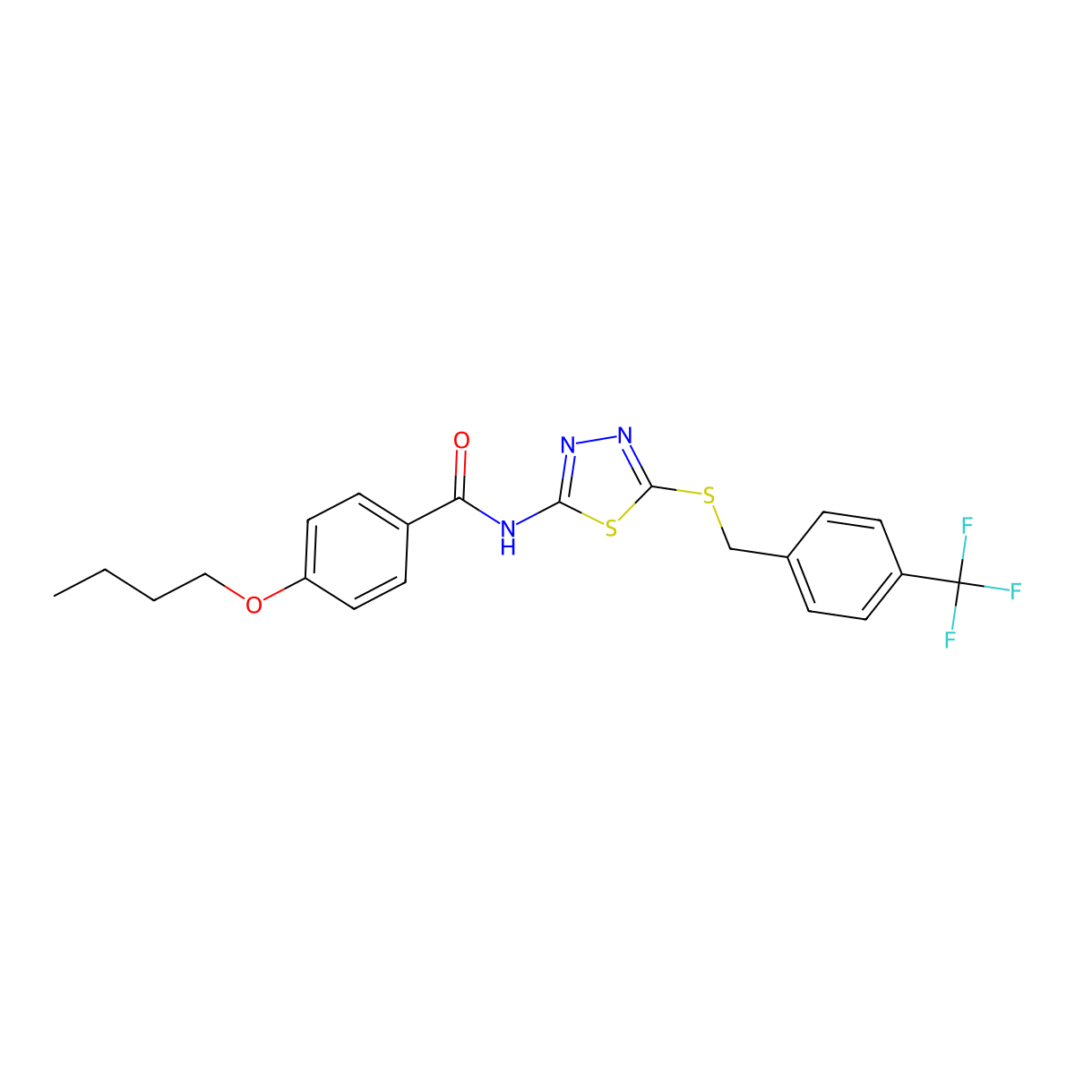 4-butoxy-N-(5-((4-(trifluoromethyl)benzyl)thio)-1,3,4-thiadiazol-2-yl)benzamide molecular structure, CAS 392301-49-4