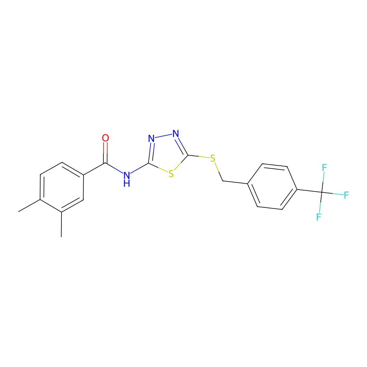 3,4-dimethyl-N-(5-((4-(trifluoromethyl)benzyl)thio)-1,3,4-thiadiazol-2-yl)benzamide molecular structure, CAS 392301-50-7