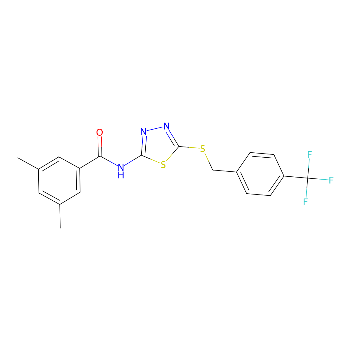 3,5-dimethyl-N-(5-((4-(trifluoromethyl)benzyl)thio)-1,3,4-thiadiazol-2-yl)benzamide molecular structure, CAS 392301-51-8