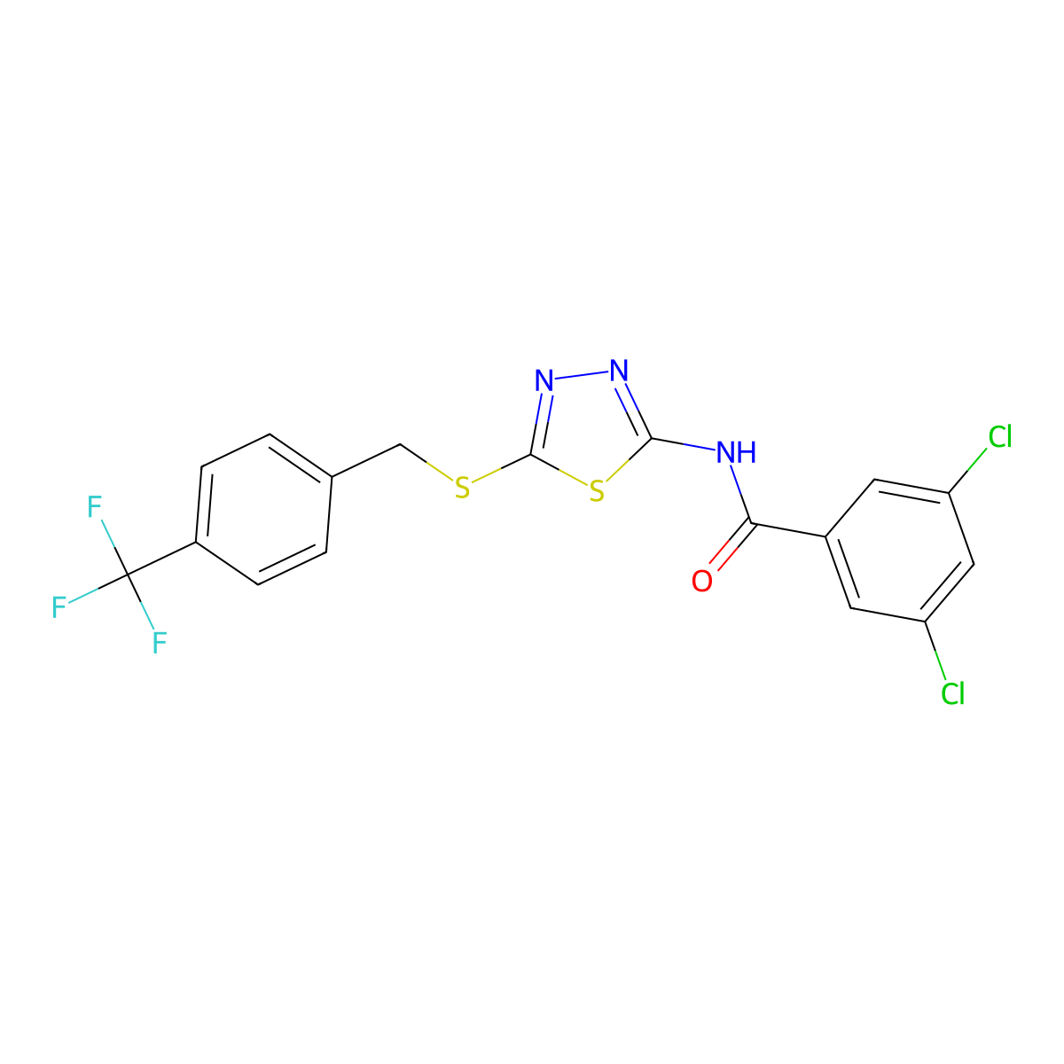 3,5-dichloro-N-[5-[[4-(trifluoromethyl)phenyl]methylsulfanyl]-1,3,4-thiadiazol-2-yl]benzamide molecular structure, CAS 392301-52-9