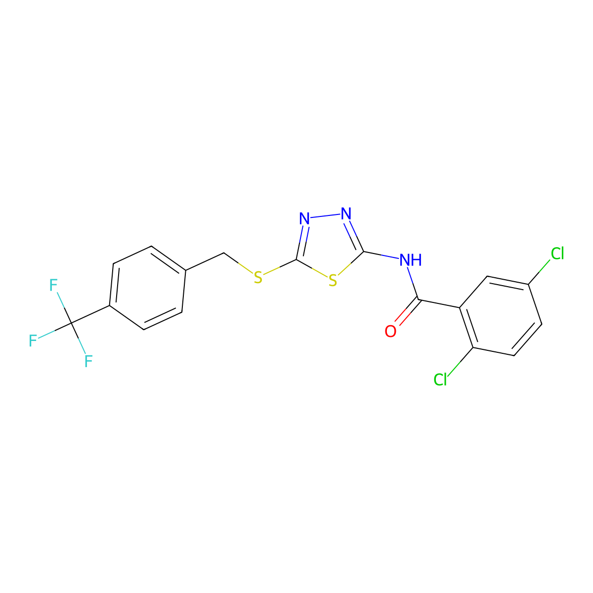 2,5-dichloro-N-(5-((4-(trifluoromethyl)benzyl)thio)-1,3,4-thiadiazol-2-yl)benzamide molecular structure, CAS 392301-54-1