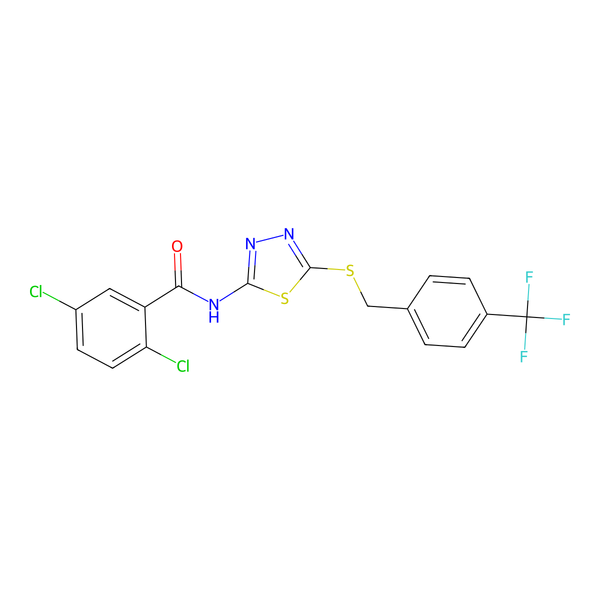 2,5-dichloro-N-(5-((4-(trifluoromethyl)benzyl)thio)-1,3,4-thiadiazol-2-yl)benzamide molecular structure, CAS 392301-54-1