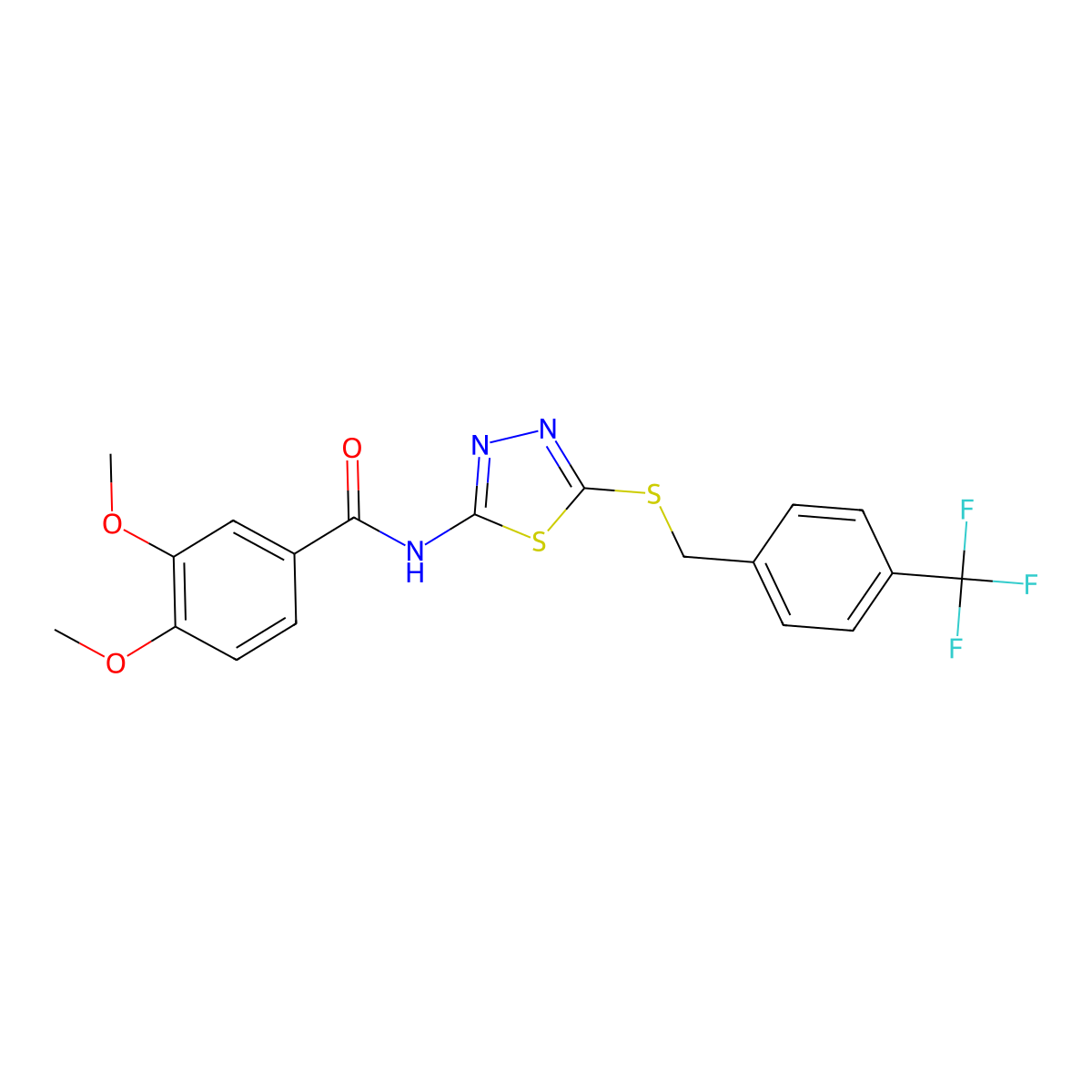 3,4-dimethoxy-N-(5-((4-(trifluoromethyl)benzyl)thio)-1,3,4-thiadiazol-2-yl)benzamide molecular structure, CAS 392301-55-2