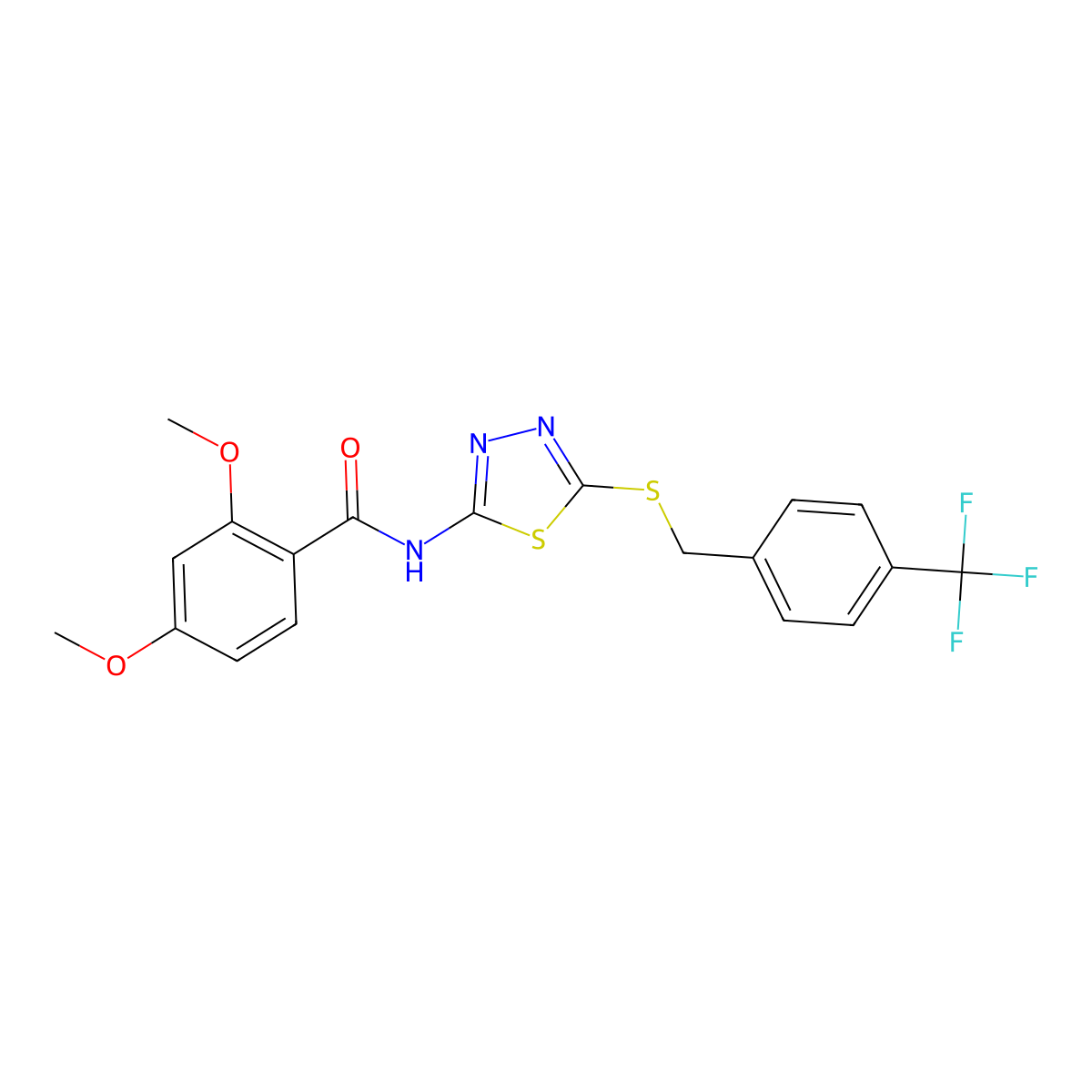 2,4-dimethoxy-N-(5-((4-(trifluoromethyl)benzyl)thio)-1,3,4-thiadiazol-2-yl)benzamide molecular structure, CAS 392301-56-3