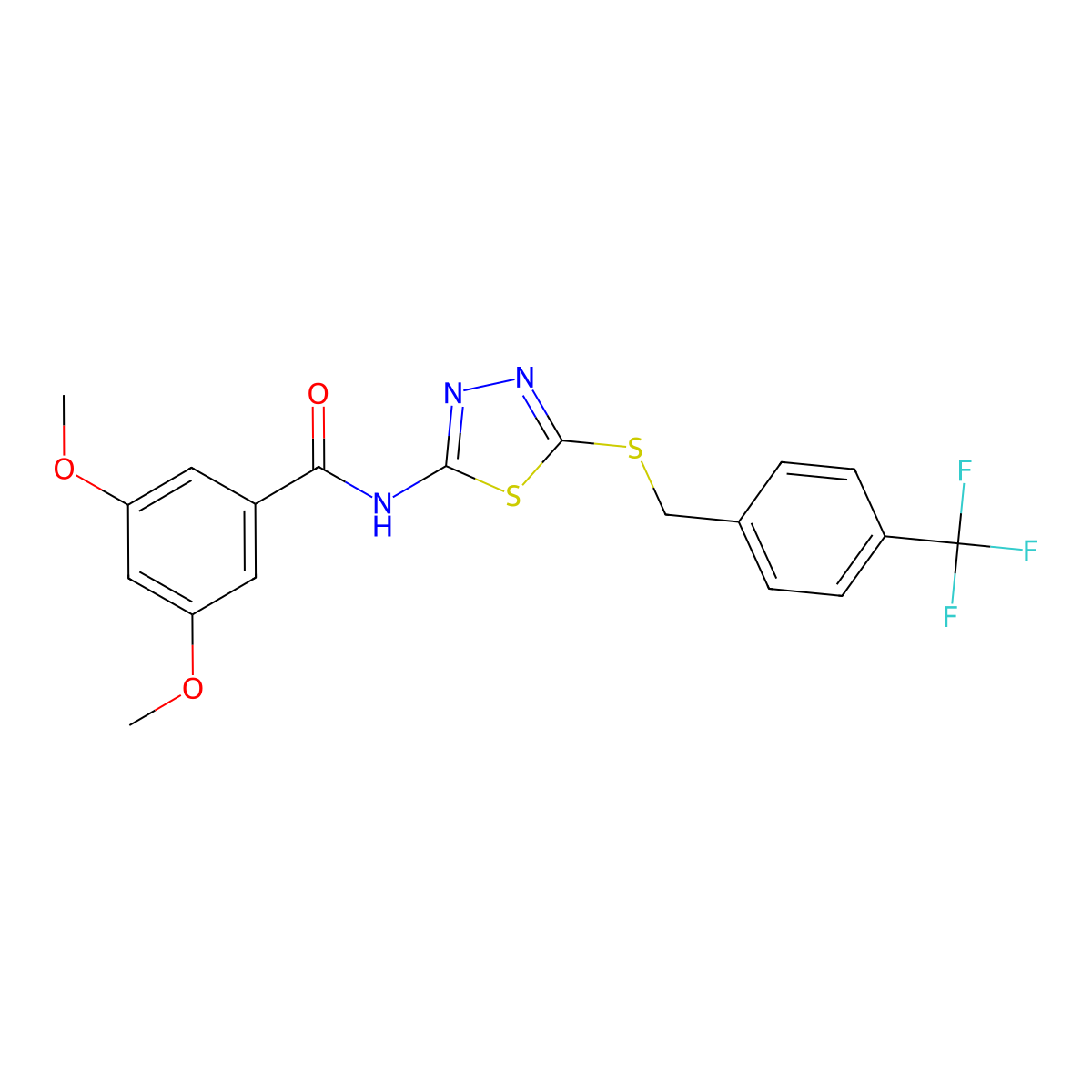 3,5-dimethoxy-N-(5-((4-(trifluoromethyl)benzyl)thio)-1,3,4-thiadiazol-2-yl)benzamide molecular structure, CAS 392301-57-4