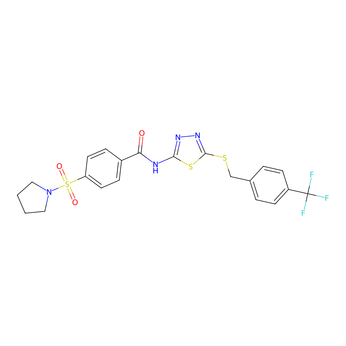 4-pyrrolidin-1-ylsulfonyl-N-[5-[[4-(trifluoromethyl)phenyl]methylsulfanyl]-1,3,4-thiadiazol-2-yl]benzamide molecular structure, CAS 392301-65-4