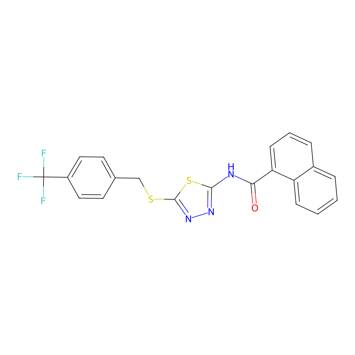 N-(5-((4-(trifluoromethyl)benzyl)thio)-1,3,4-thiadiazol-2-yl)-1-naphthamide molecular structure, CAS 392301-67-6