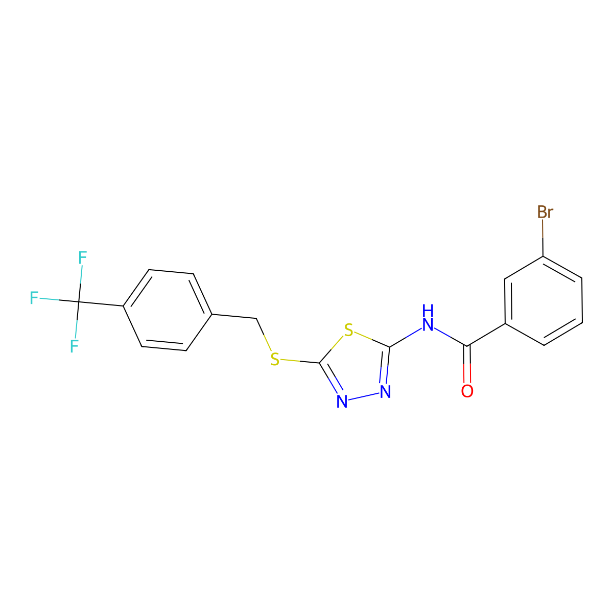 3-bromo-N-[5-[[4-(trifluoromethyl)phenyl]methylsulfanyl]-1,3,4-thiadiazol-2-yl]benzamide molecular structure, CAS 392301-69-8