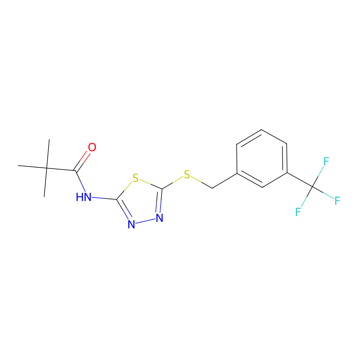 N-(5-((3-(trifluoromethyl)benzyl)thio)-1,3,4-thiadiazol-2-yl)pivalamide molecular structure, CAS 392301-72-3