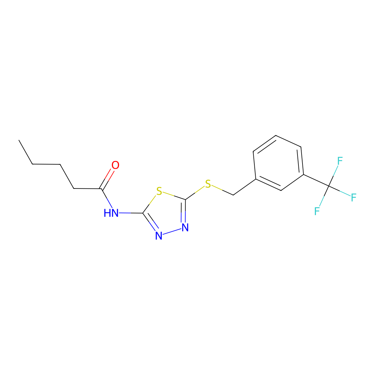 N-(5-((3-(trifluoromethyl)benzyl)thio)-1,3,4-thiadiazol-2-yl)pentanamide molecular structure, CAS 392301-76-7