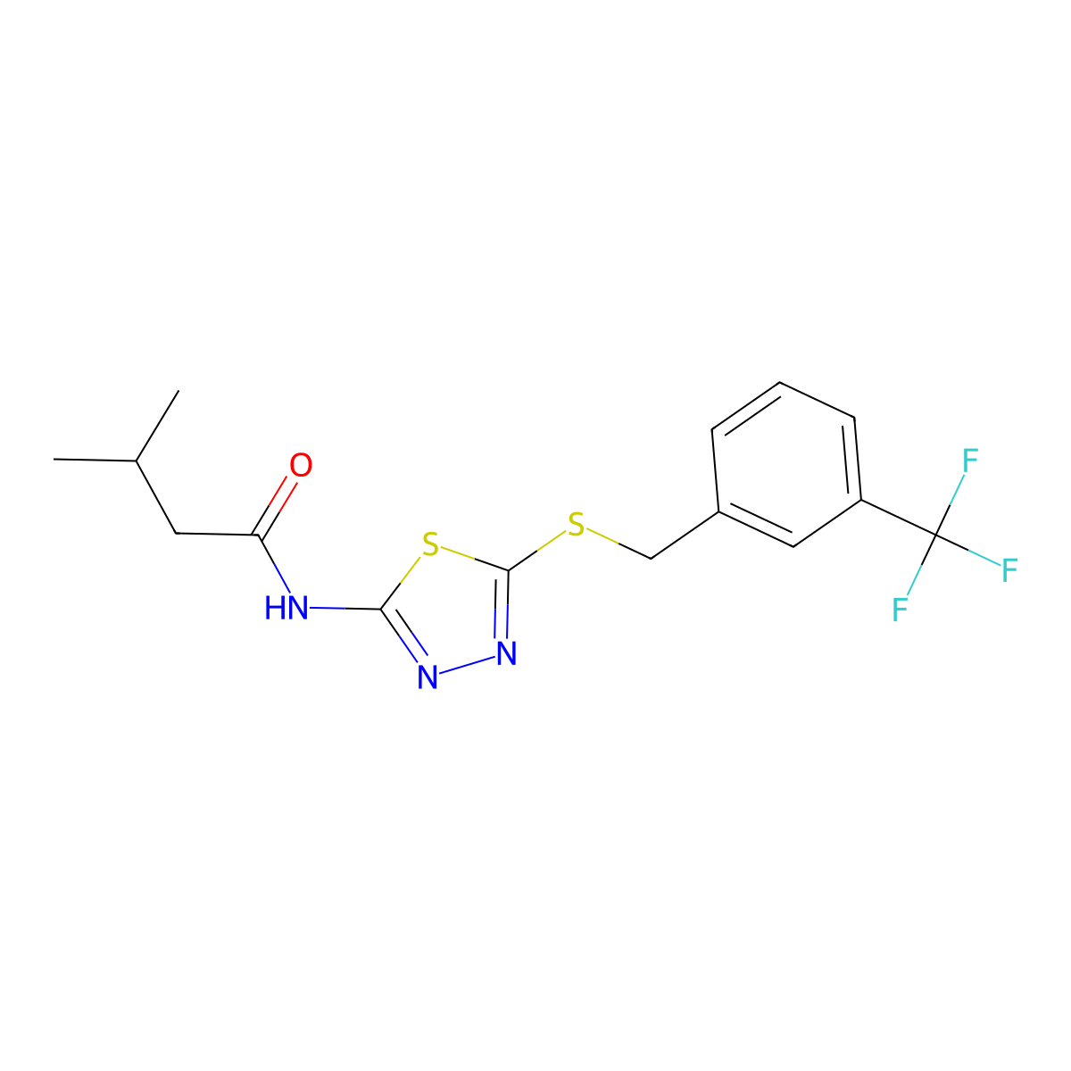 3-methyl-N-(5-((3-(trifluoromethyl)benzyl)thio)-1,3,4-thiadiazol-2-yl)butanamide molecular structure, CAS 392301-77-8