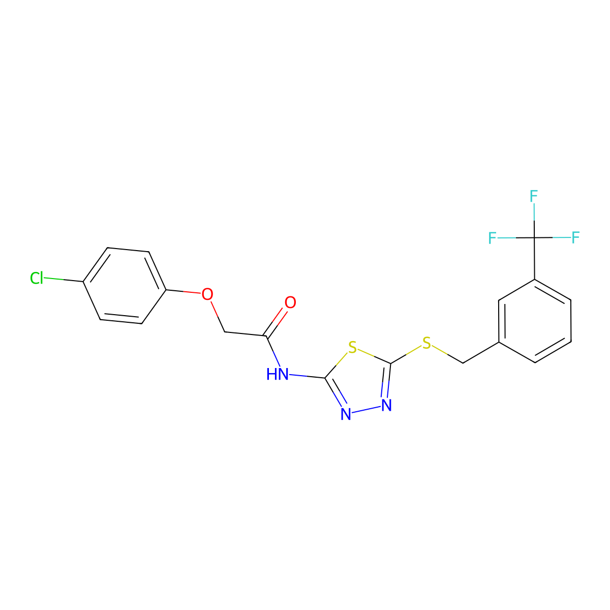 2-(4-chlorophenoxy)-N-(5-((3-(trifluoromethyl)benzyl)thio)-1,3,4-thiadiazol-2-yl)acetamide molecular structure, CAS 392301-79-0