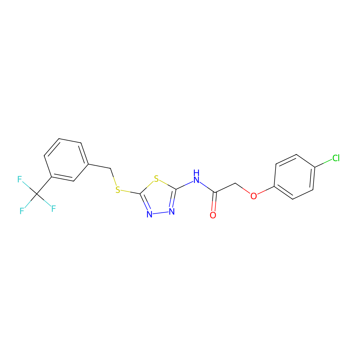 2-(4-chlorophenoxy)-N-(5-((3-(trifluoromethyl)benzyl)thio)-1,3,4-thiadiazol-2-yl)acetamide molecular structure, CAS 392301-79-0