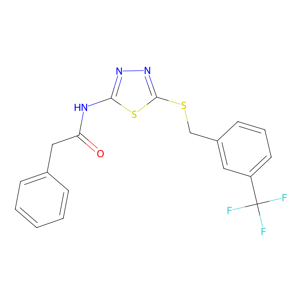 2-phenyl-N-(5-((3-(trifluoromethyl)benzyl)thio)-1,3,4-thiadiazol-2-yl)acetamide molecular structure, CAS 392301-81-4