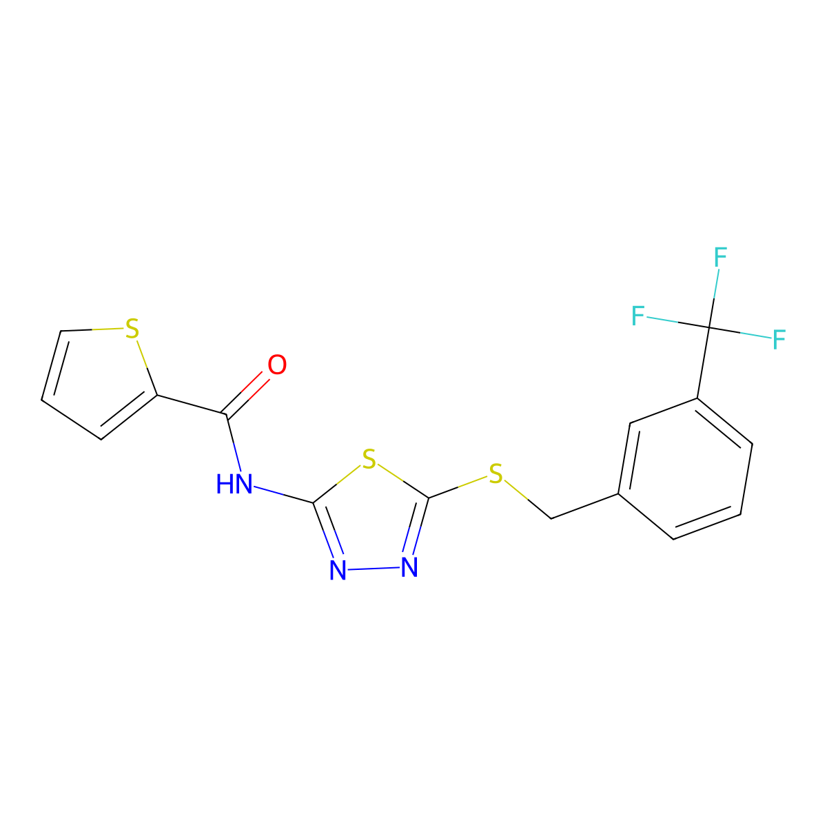 N-(5-((3-(trifluoromethyl)benzyl)thio)-1,3,4-thiadiazol-2-yl)thiophene-2-carboxamide molecular structure, CAS 392301-87-0