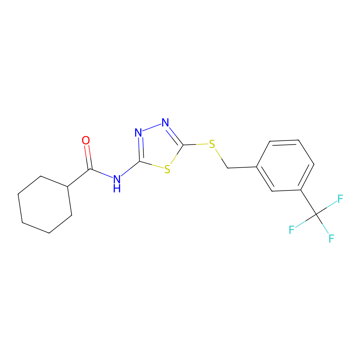 N-(5-((3-(trifluoromethyl)benzyl)thio)-1,3,4-thiadiazol-2-yl)cyclohexanecarboxamide molecular structure, CAS 392301-88-1