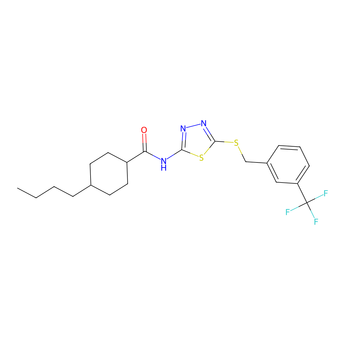 4-butyl-N-(5-((3-(trifluoromethyl)benzyl)thio)-1,3,4-thiadiazol-2-yl)cyclohexanecarboxamide molecular structure, CAS 392301-89-2