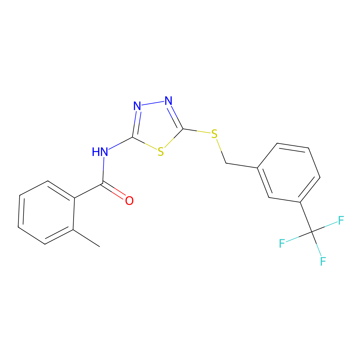 2-methyl-N-(5-((3-(trifluoromethyl)benzyl)thio)-1,3,4-thiadiazol-2-yl)benzamide molecular structure, CAS 392301-91-6