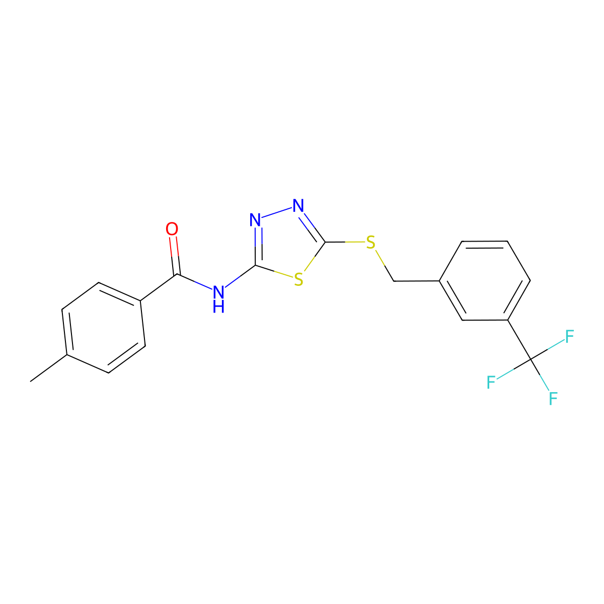 4-methyl-N-(5-((3-(trifluoromethyl)benzyl)thio)-1,3,4-thiadiazol-2-yl)benzamide molecular structure, CAS 392301-93-8