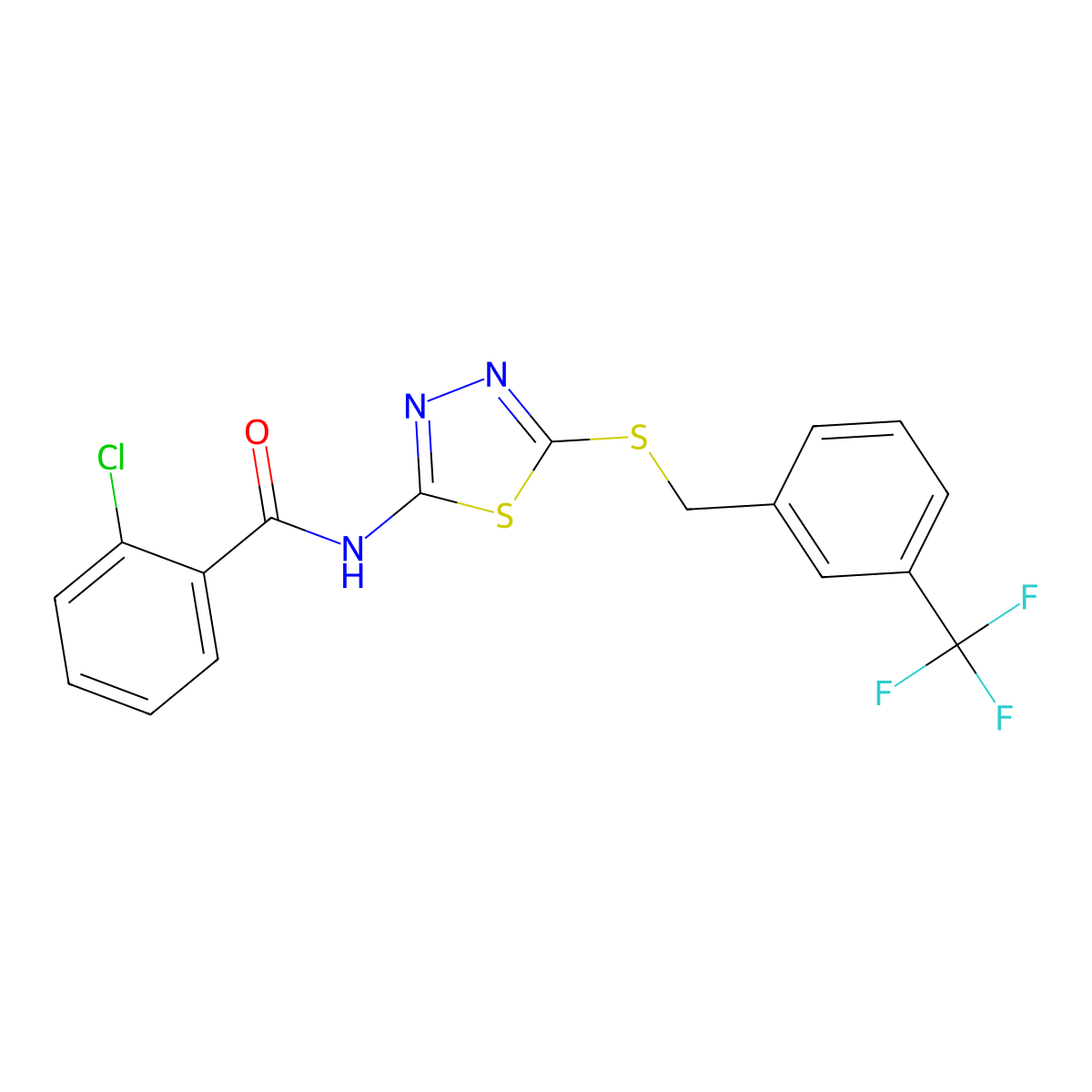 2-chloro-N-[5-[[3-(trifluoromethyl)phenyl]methylsulfanyl]-1,3,4-thiadiazol-2-yl]benzamide molecular structure, CAS 392301-96-1