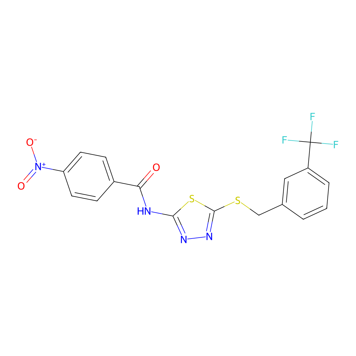 4-nitro-N-(5-((3-(trifluoromethyl)benzyl)thio)-1,3,4-thiadiazol-2-yl)benzamide molecular structure, CAS 392302-04-4